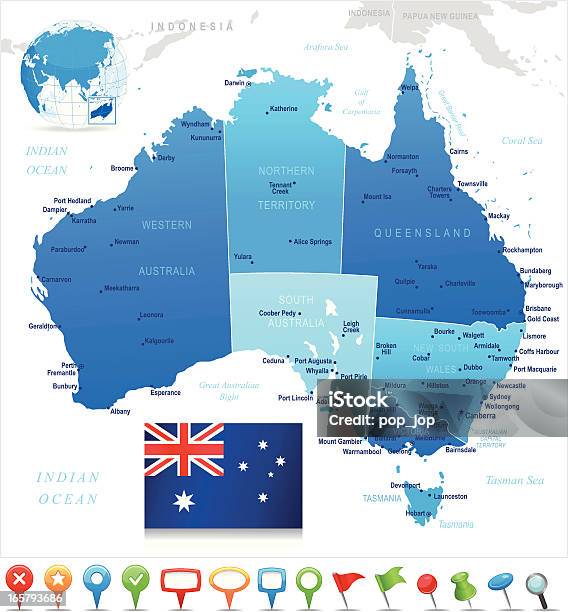 Mapa De Austráliamembros Cidades Bandeira E Ícones De Navegação - Arte vetorial de stock e mais imagens de Mapa