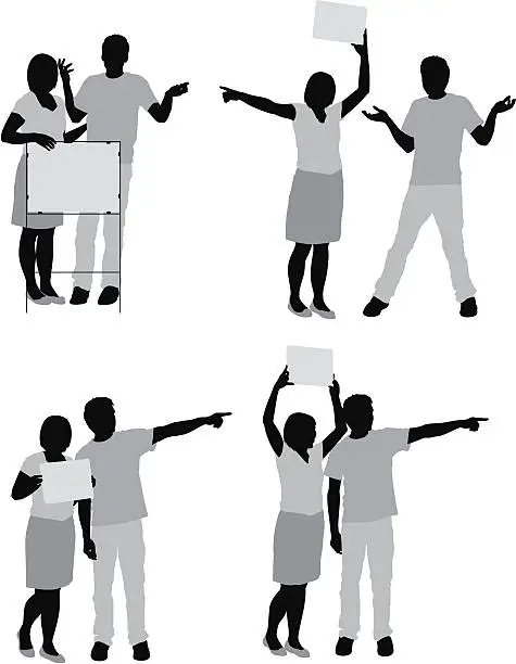 Vector illustration of Multiple images of a couple with placard