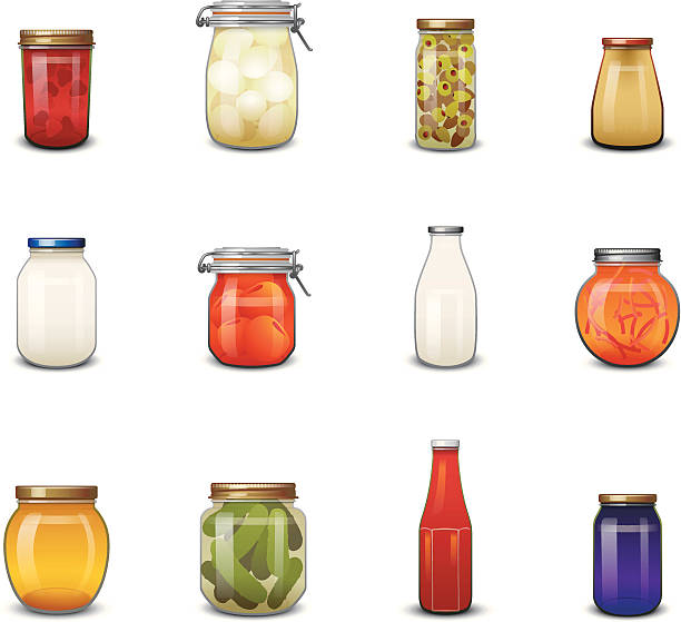 ilustraciones, imágenes clip art, dibujos animados e iconos de stock de jarred iconos de alimentos - jar canning food preserves