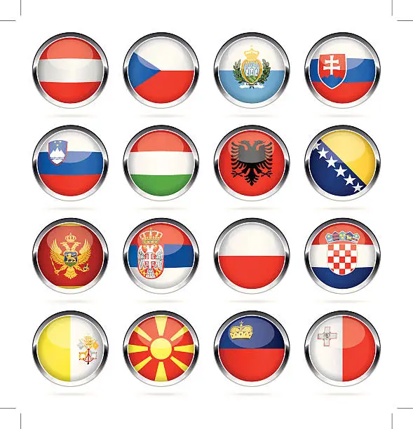 Vector illustration of Round Chrome Flag Icon Collection - Central and Southern Europe