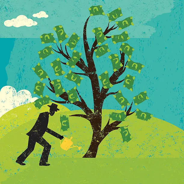 Vector illustration of Watering a money tree