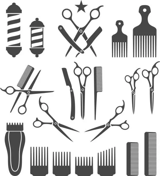 Vector illustration of Barber Tools for Haircut black and white vector icon set