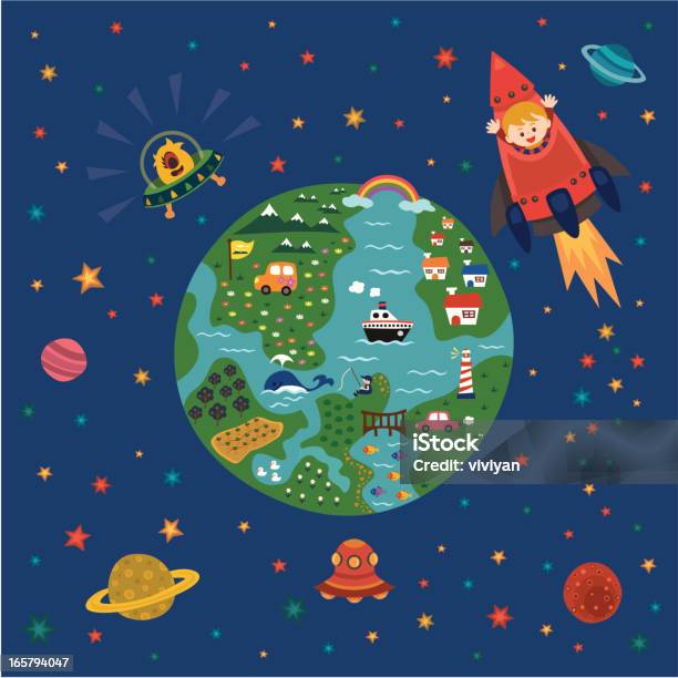 Children Explorer Love Space And World Stock Illustration - Download Image Now - Child, Globe - Navigational Equipment, World Map