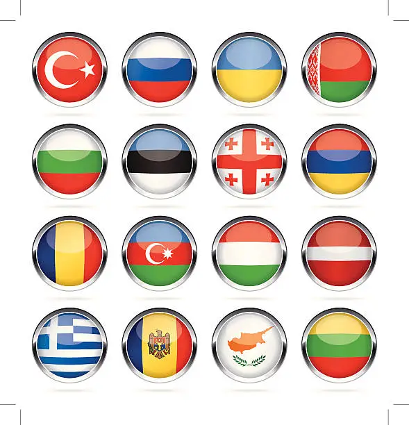 Vector illustration of Round Chrome Flag Icon Collection - East and Southern Europe