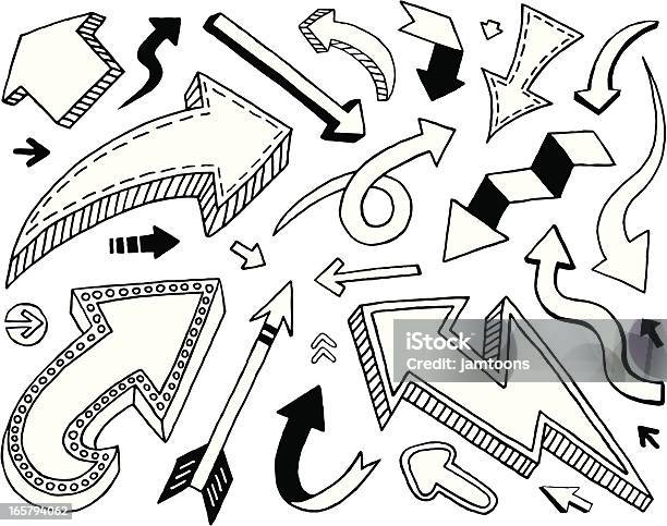 Doodle Frecce - Immagini vettoriali stock e altre immagini di Bianco e nero - Bianco e nero, Segno di freccia, Tridimensionale