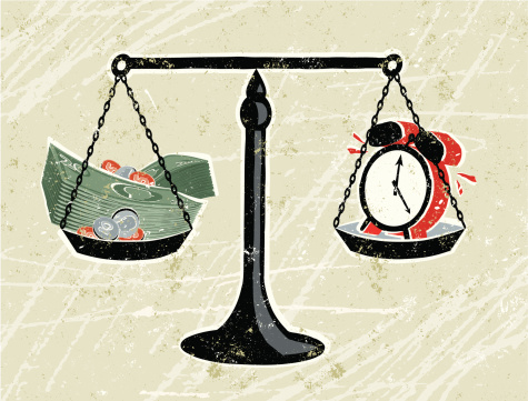 Time is Money! A stylized vector cartoon of stacks of notes and coins  being weighed on scales against a Clock,reminiscent of an old screen print poster and suggesting against the clock, wages, deadlines, comparisons,or hourly rate. Money, clock, scales,paper texture and background are on different layers for easy editing. Please note: clipping paths have been used, an eps version is included without the path.