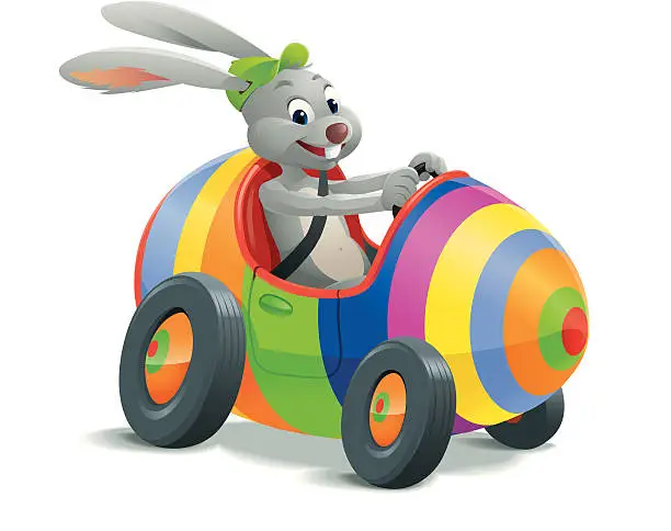 Vector illustration of Easter Bunny in Egg Car