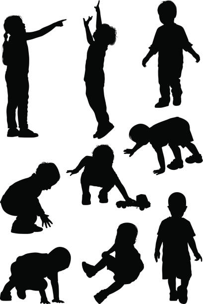 Children playing Children playing Silhouettes baby squatting stock illustrations