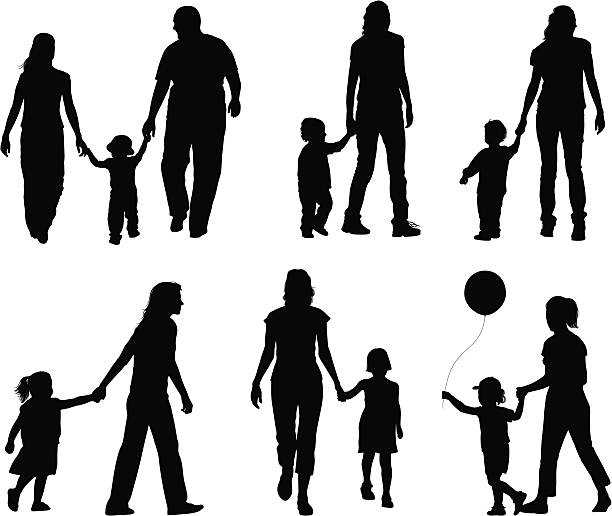 ilustraciones, imágenes clip art, dibujos animados e iconos de stock de familia sosteniendo las manos - holding hands child silhouette family