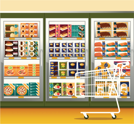 Supermarket and shopping cart, with different kinds of Frozen Food. Zip contains AI, PDF and hi-res jpeg.