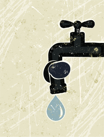Save Water! A stylized vector cartoon of a tap or faucet tied in a knot reminiscent of an old screen print poster and suggesting Saving water, blockage, tied in a knot, drought,  or save water. Tap,drop, paper texture, and background are on different layers for easy editing. Please note: clipping paths have been used, an eps version is included without the path.