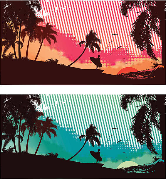 Surfing day in tropical beach Suf scenes sunset and moonlight with silhouette of surfer, palm trees and seagulls. psychedelic trip stock illustrations