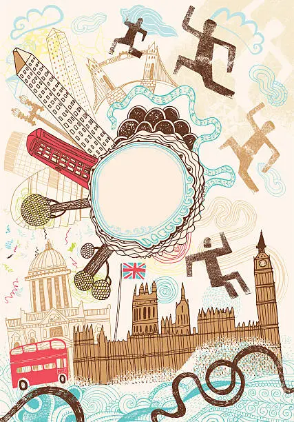 Vector illustration of Blank frame surrounded by famous buildings of London, UK