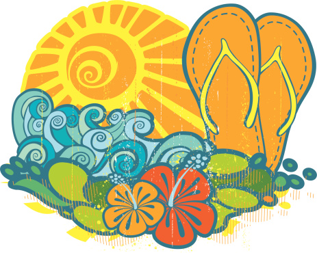 Summer grunge emblem with flip flop sandals surrounded by wavy sea, hibiscus and big sun in the background.