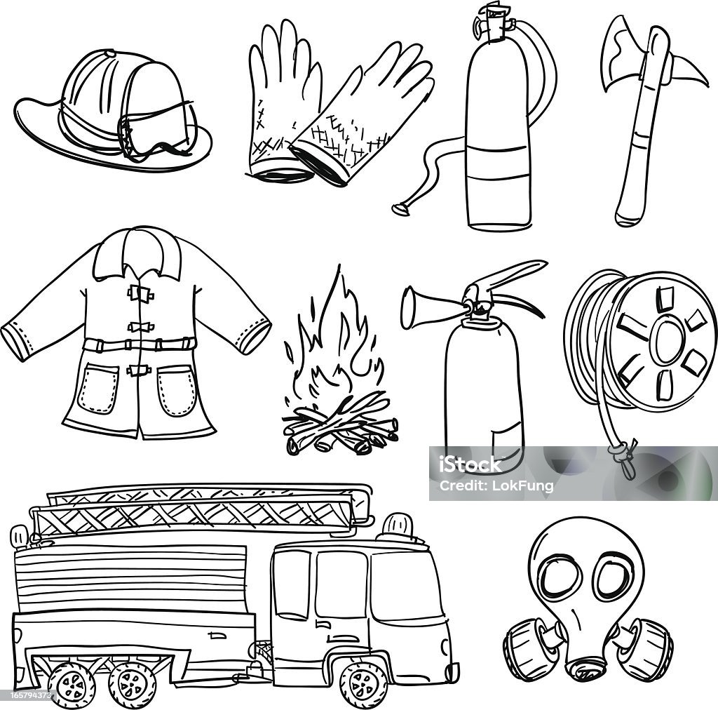 Fireman equipment in black and white Fireman equipment in sketch style, black and white Firefighter stock vector