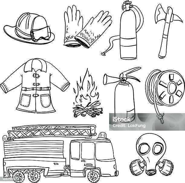 Fireman Equipment In Black And White Stock Illustration - Download Image Now - Firefighter, Doodle, Fire Engine