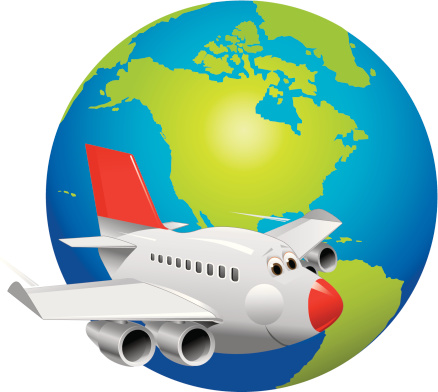 Cartoon airplane in flight  with background of a stylised globe of the world showing North and South America. Art on easily edited layers and groups. 