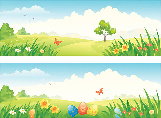 부활제 및 연두빛 배너 - daffodil spring backgrounds sky stock illustrations