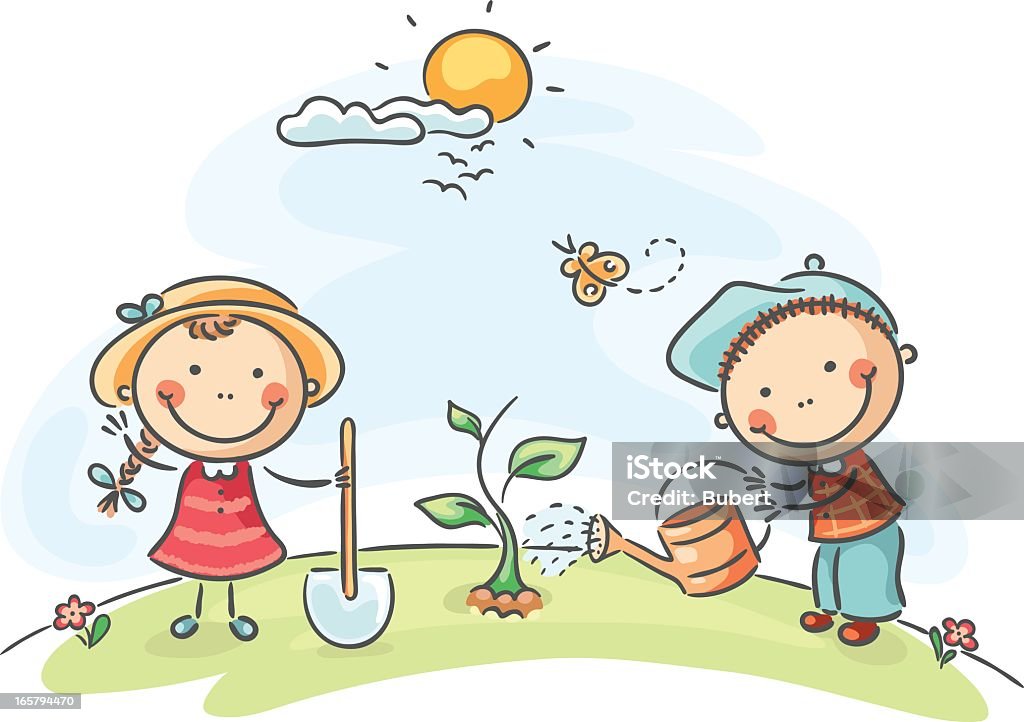 Two people on a spring day in a garden Little kids have planted a plant. No gradients. Child stock vector
