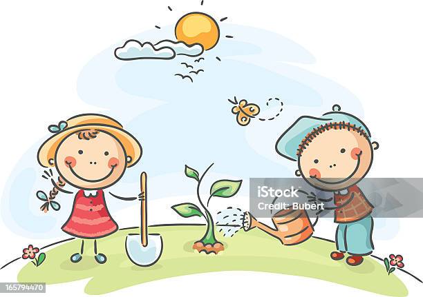 Two People On A Spring Day In A Garden Stock Illustration - Download Image Now - Child, Gardening, Agriculture