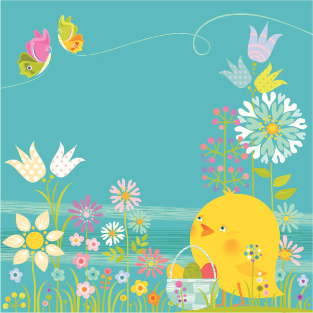 пасха chick - easter egg retro revival tulip decoration stock illustrations