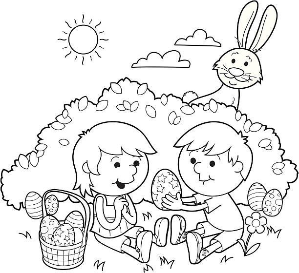 Easter sharing – Coloring in "Easter coloring in picture for kids aa A boy is sharing his easter egg with a girl while the Easter Bunny watches. The elements (boy, girl, Easter Bunny, etc) can be moved." colouring stock illustrations