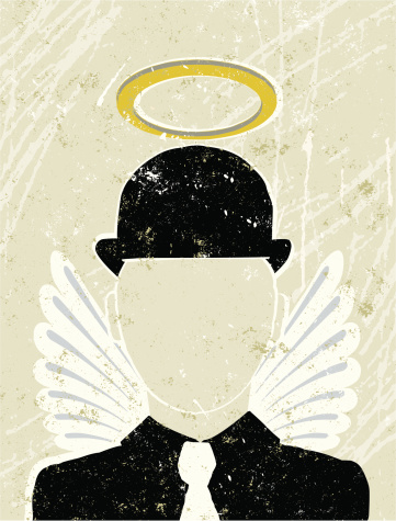 Guardian Angel! A stylized vector cartoon of a businessman with a halo and wings reminiscent of an old screen print poster and suggesting Goodness, protection, honesty, good business practice,philanthropy,on the side of the angels or mentoring. Man, hat, halo, Wings, paper texture, and background are on different layers for easy editing. Please note: clipping paths have been used, an eps version is included without the path.