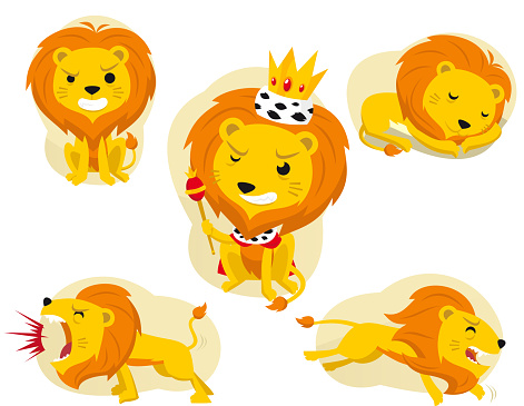 Cartoon lion action set, king of the jungle. With angry lion, crowned lion, sleeping lion, shouting lion and running lion vector illustration. 