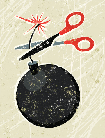 In the nick of time!! A stylized vector cartoon of a pair of scissors cutting a wick attached to a bomb, reminiscent of an old screen print poster and suggesting time running out, deadlines, emergency, success, proactivity, or challenge. Scissors, bomb, paper texture, and background are on different layers for easy editing. Please note: clipping paths have been used, an eps version is included without the path.