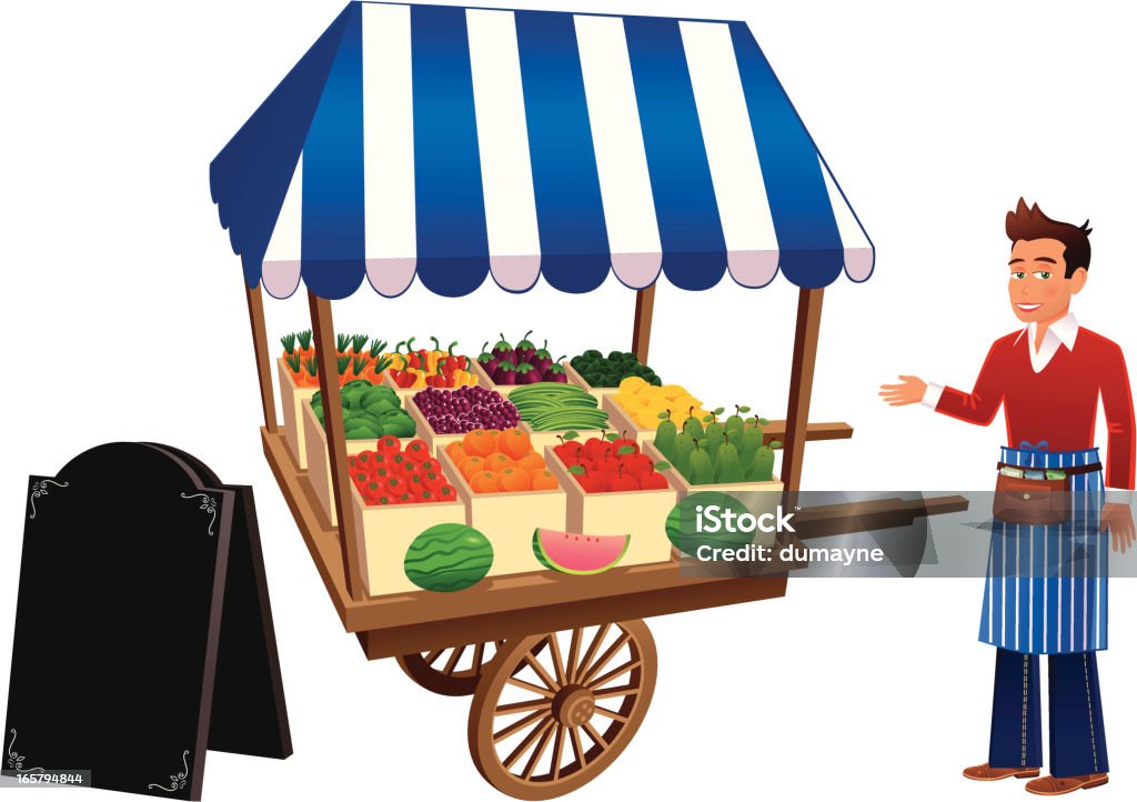 Fruit and vegetable market stall and trader Illustration of a typical small market stall, plus market trader and black board. Market stall, trader and board elements are all isolated from each other. Cart stock vector