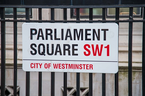 A sign for the central London street of Whitehall, the location of many UK Government departments, including the cabinet office as seen in the background.