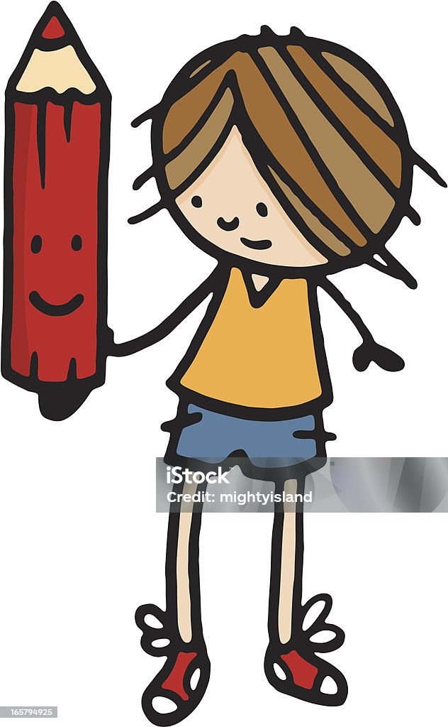 Junge hält einen großen roten Bleistift - Lizenzfrei Bleistift Vektorgrafik
