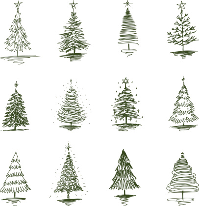 The vector drawing of a christmas trees in style of a sketch.