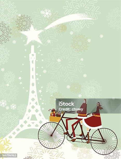 Santa E Lady Em Paris Para Natal - Arte vetorial de stock e mais imagens de Natal - Natal, Paris - França, Bicicleta