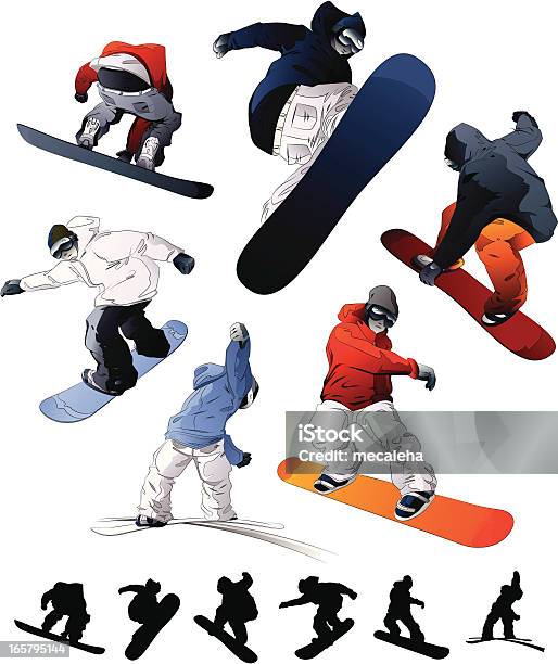 Snowboarding Zestaw - Stockowe grafiki wektorowe i więcej obrazów Snowboarding - Snowboarding, Nowoczesny, Sylwetka