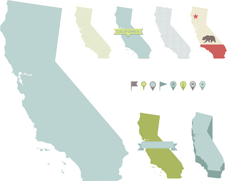 A collection of California shaped maps – a standard outline, a 3D version, a map made up of lines and one made up of dots, one with a name banner and another with a blank banner. Also includes map pins and a map version of the state flag. Map outlines are highly detailed.
