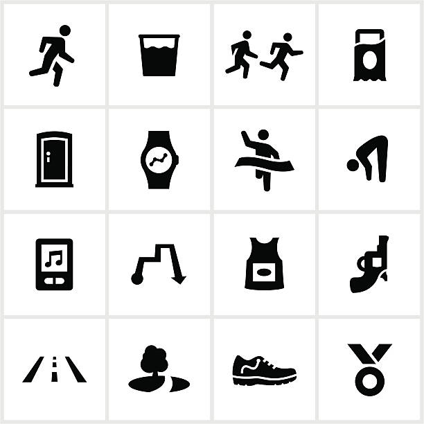 Black Long Distance Running Icons Long distance running/racing icons. All white strokes/shapes are cut from the icons and merged allowing the background to show through. starting gun stock illustrations