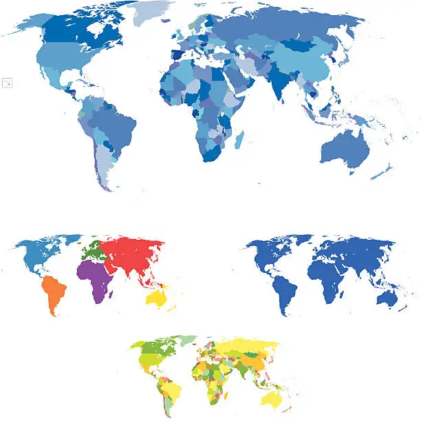 Vector illustration of Five world maps in different colors on a white background