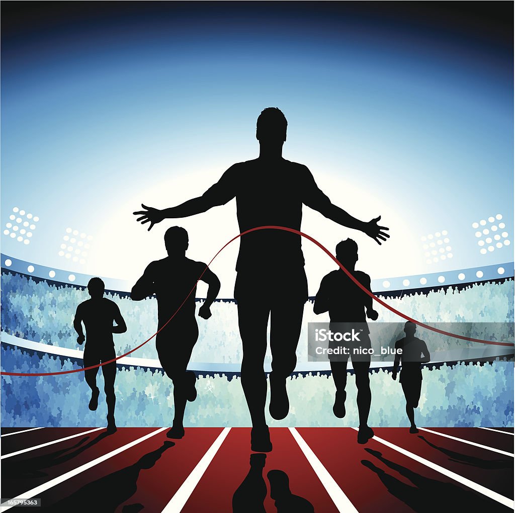 Crossing the finish line Vector silhouette of a guy running across the finish line in celebration with the tape falling around him as the packed stadium cheers him on. Running stock vector