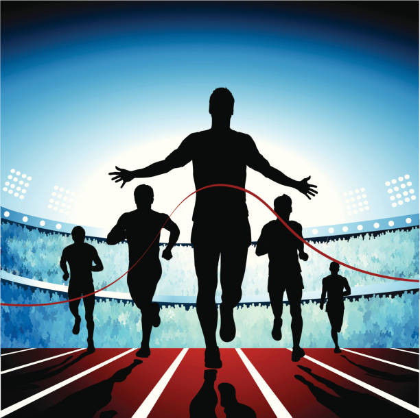 Crossing the finish line Vector silhouette of a guy running across the finish line in celebration with the tape falling around him as the packed stadium cheers him on. one point perspective person stock illustrations
