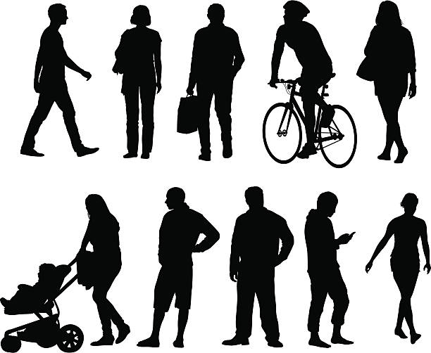 city menschen silhouetten - man walking bike stock-grafiken, -clipart, -cartoons und -symbole