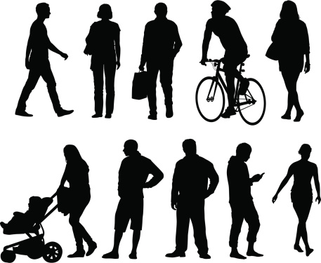 Ten silhouettes of casual people in every day life.