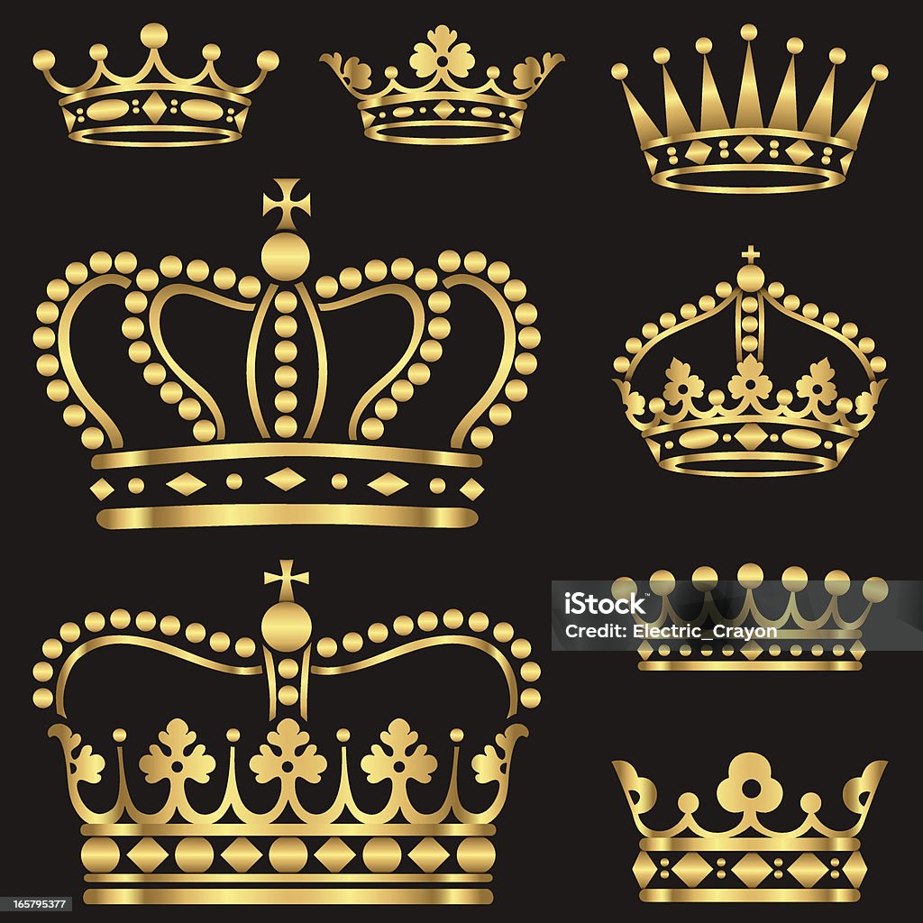 Gold Crown Set AI EPS 8.  Set of ornate gold crowns.  Colors in gradients are just a few global swatches, so file can be recolored easily.  Each crown is grouped individually for easy editing. Crown - Headwear stock vector