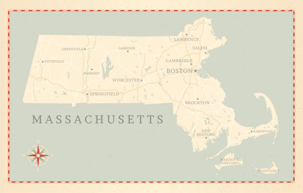 vintage-stil, massachusetts-karte - essex stock-grafiken, -clipart, -cartoons und -symbole