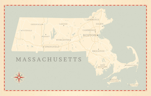 A vintage-style map of Massachusetts with freeways, highways and major cities. Shoreline, lakes and rivers are very detailed. Includes an EPS and JPG of the map without roads and cities. Texture, compass, cities, etc. are on separate layers for easy removal or changes. 