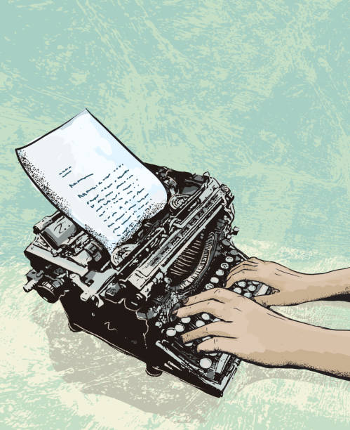 illustrazioni stock, clip art, cartoni animati e icone di tendenza di retrò macchina da scrivere con lettere e le mani - typewriter writing retro revival old fashioned
