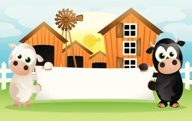 Vector illustration of Baby cow and bull holding a blank banner