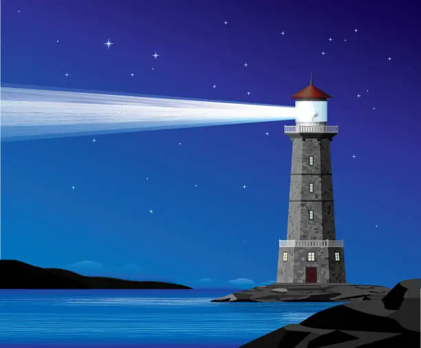 Vector illustration of lighthouse at night