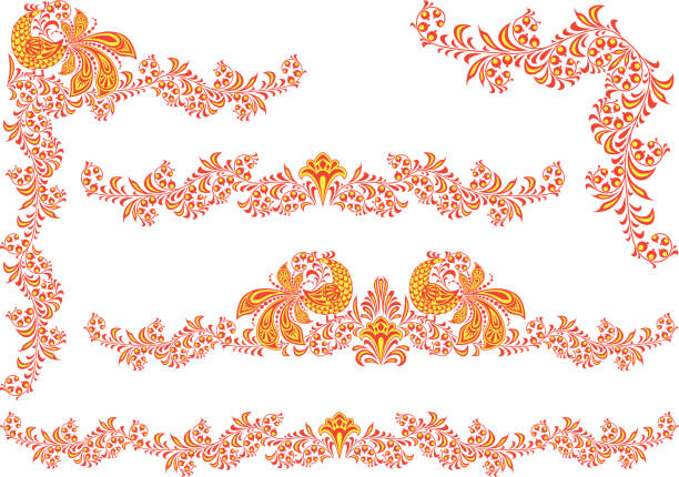 элементы дизайна в khokhloma стиле - russian culture ornate pattern vector stock illustrations