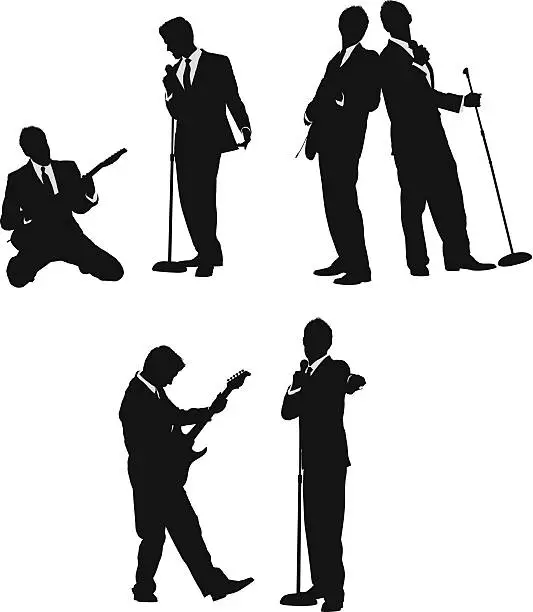 Vector illustration of Musicians singing and playing guitar in business suits